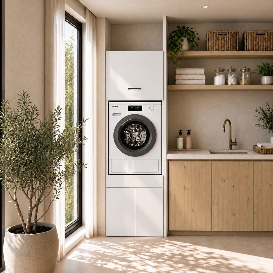 Wasmachine Wasdroger Kast Wit Extra Hoog | Wasmandlade & 2 Opbergvakken set van 2 kasten