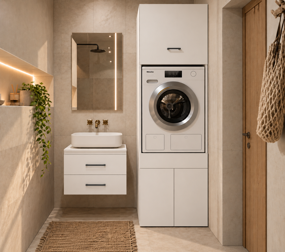 Wasmachine Wasdroger Kast Wit Extra Hoog | Wasmandlade & 2 Opbergvakken