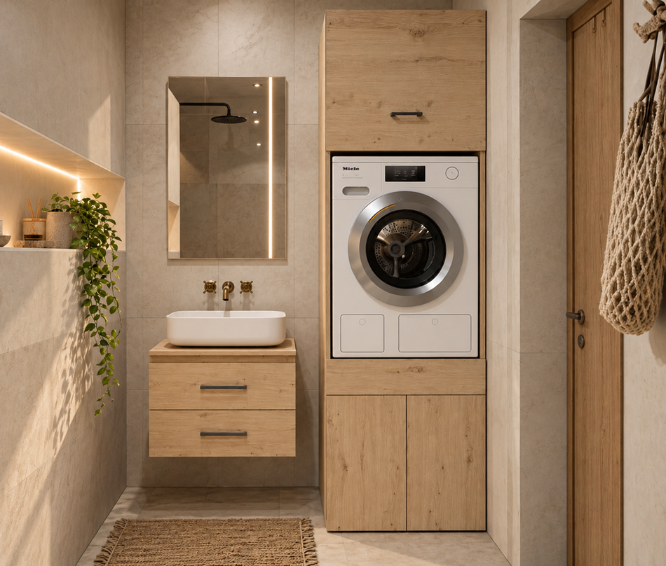 Wasmachine Wasdroger Kast eiken Extra Hoog | Wasmandlade & 2 Opbergvakken