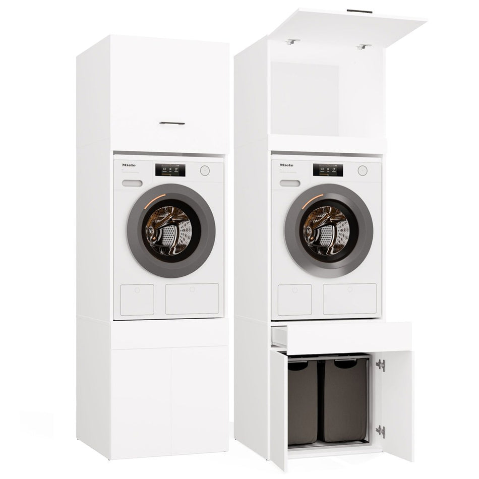Wasmachine Wasdroger Kast Wit Extra Hoog | Wasmandlade & 2 Opbergvakken set van 2 kasten