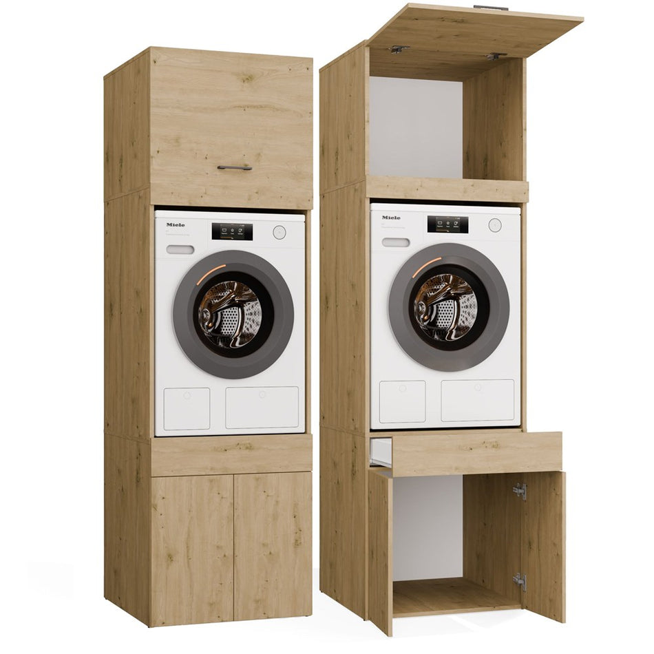 Wasmachine Wasdroger Kast eiken Extra Hoog | Wasmandlade & 2 Opbergvakken set van 2