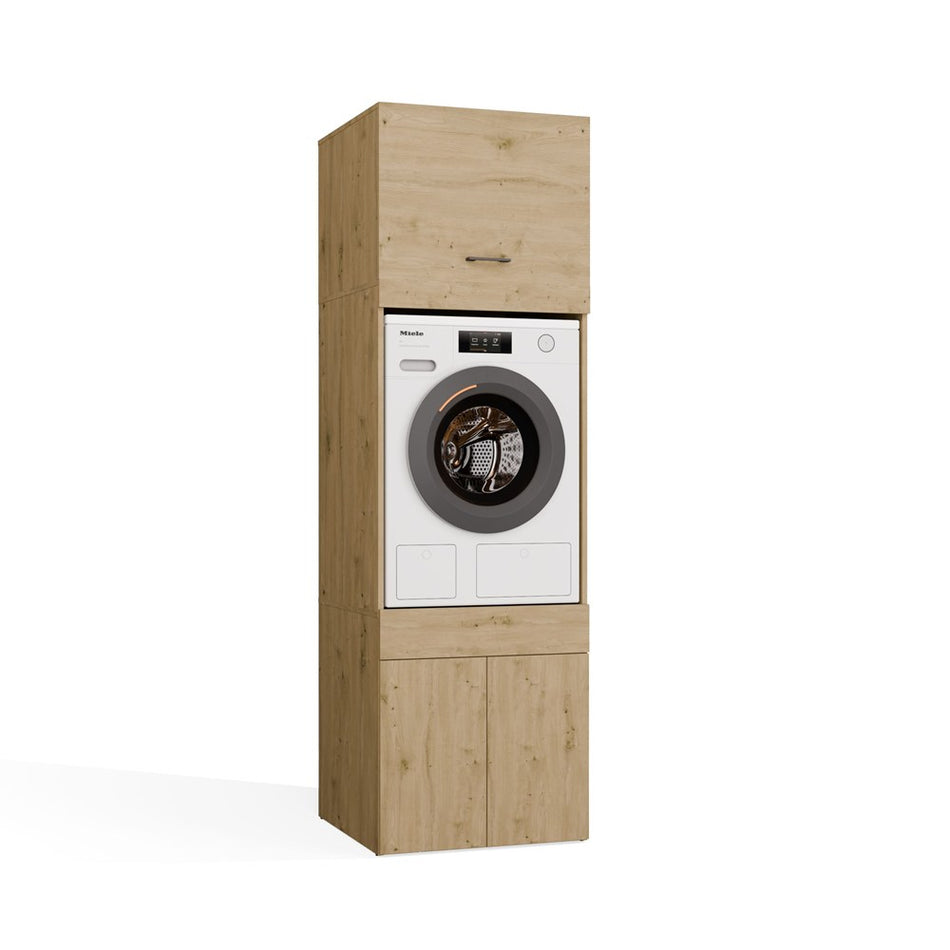 Wasmachine Wasdroger Kast eiken Extra Hoog | Wasmandlade & 2 Opbergvakken