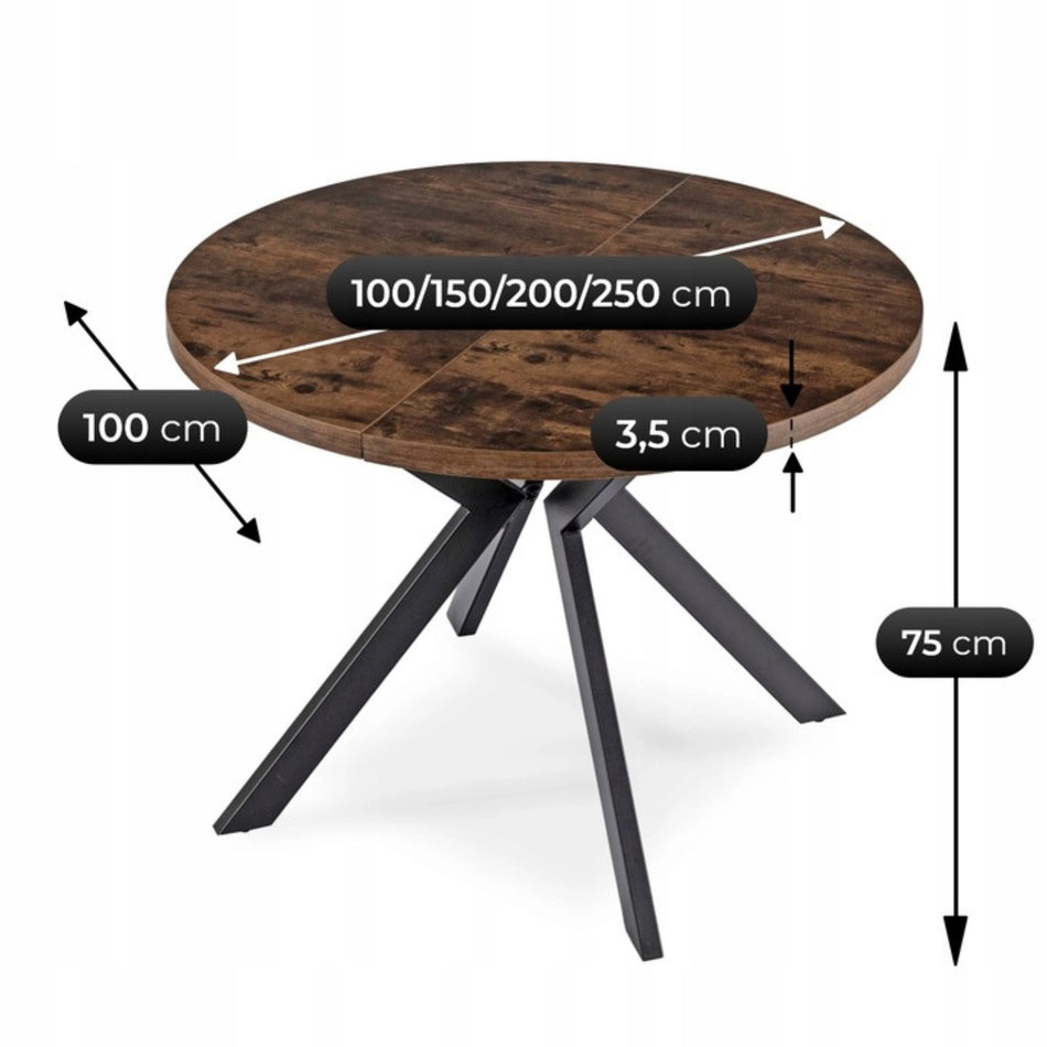 Uitschuifbare ronde eetkamertafel walnoot – MDF met metalen onderstel