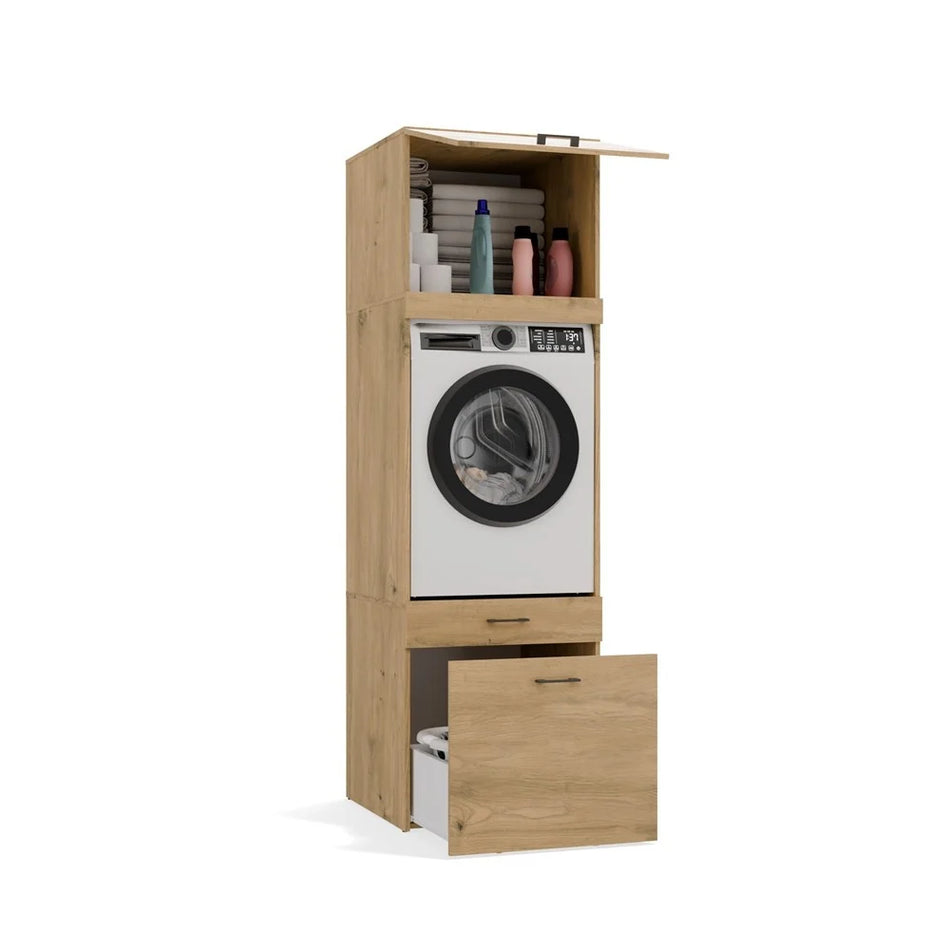 Wasmachine Wasdroger Kast Eiken – Extra Hoog met 2 Lades en Ruim Opbergvak