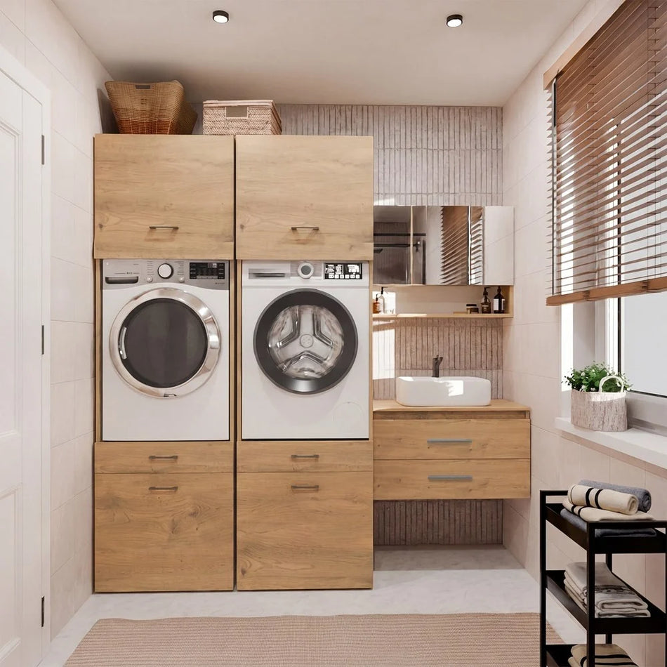 Wasmachine Wasdroger Kast Eiken – Extra Hoog met 2 Lades en Ruim Opbergvak set van 2